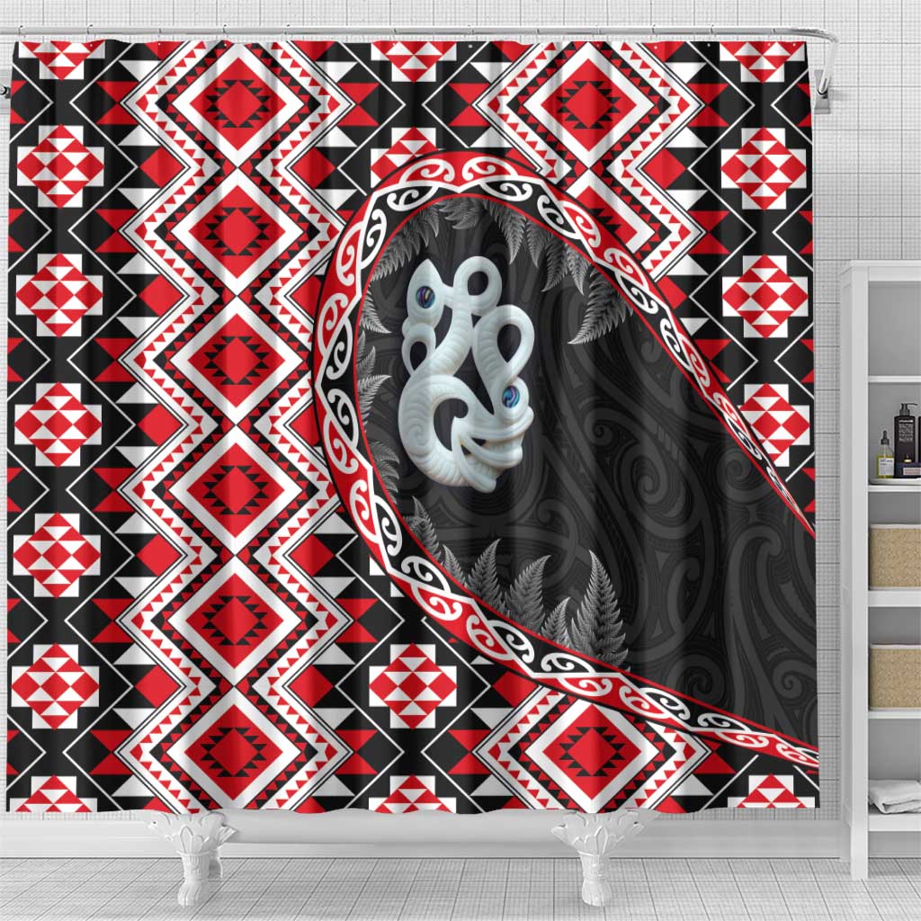 Red Taniko Motif Aotearoa Manaia and Silver Fern Shower Curtain