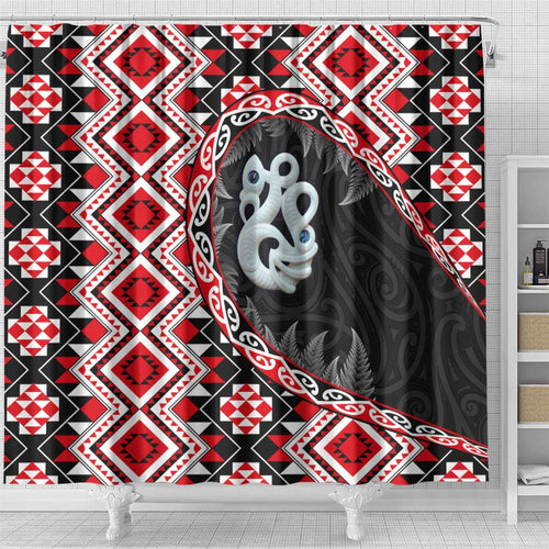 Red Taniko Motif Aotearoa Manaia and Silver Fern Shower Curtain