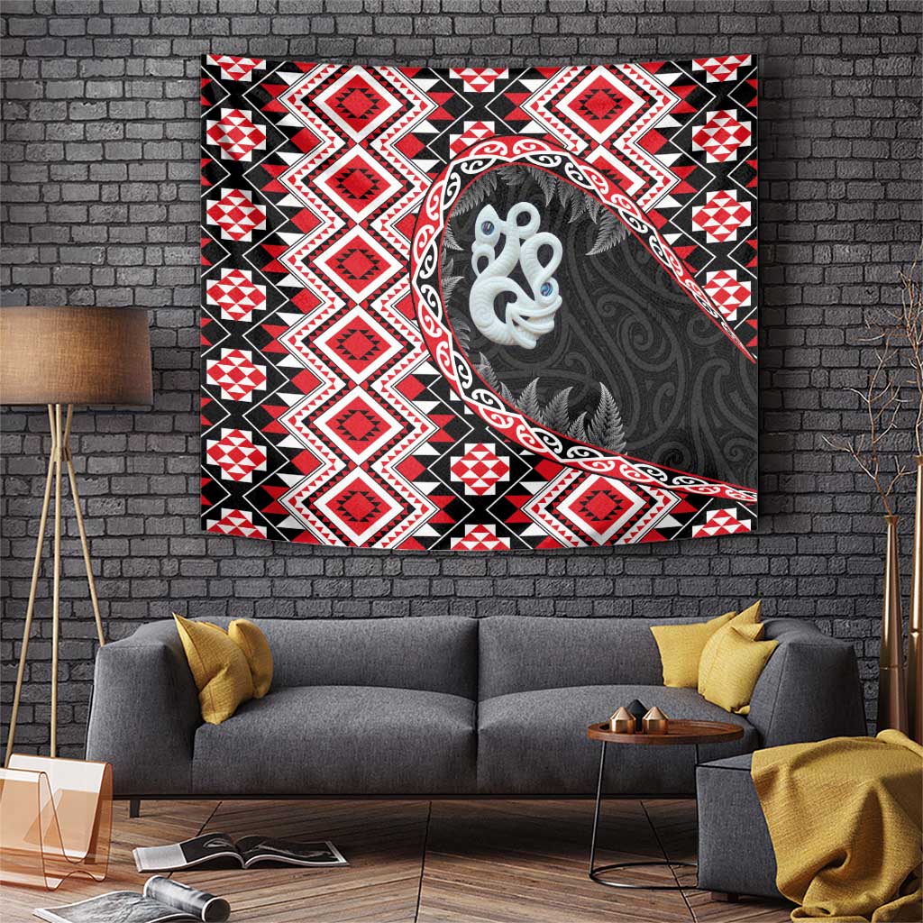 Red Taniko Motif Aotearoa Manaia and Silver Fern Tapestry
