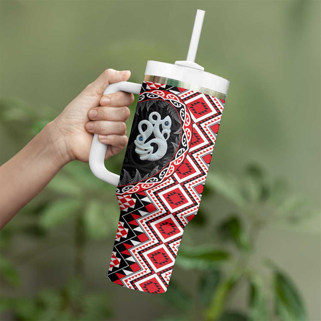 Red Taniko Motif Aotearoa Manaia and Silver Fern Tumbler With Handle