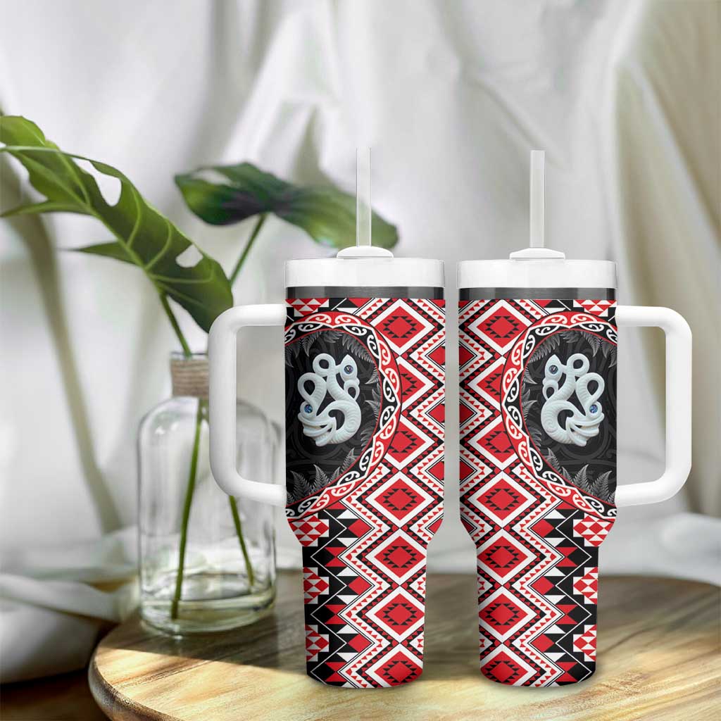 Red Taniko Motif Aotearoa Manaia and Silver Fern Tumbler With Handle