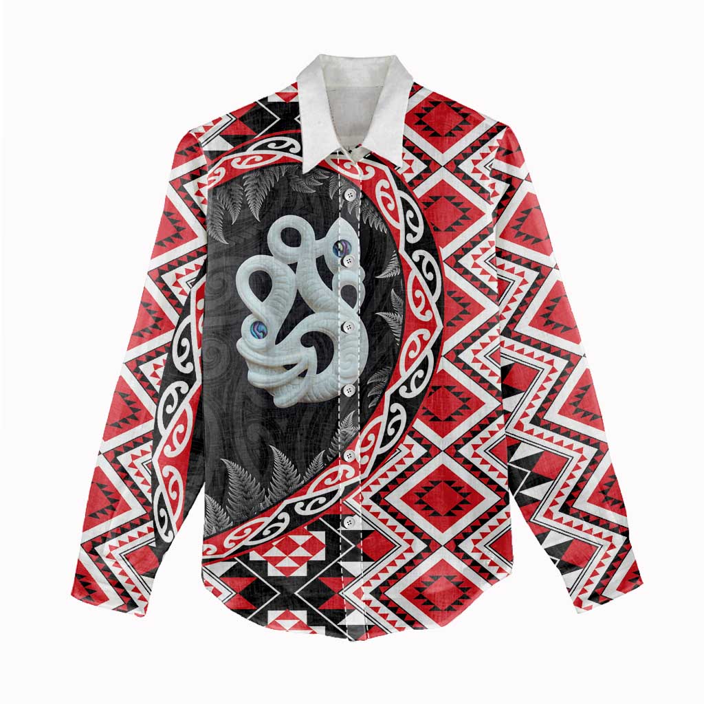 Red Taniko Motif Aotearoa Manaia and Silver Fern Women Casual Shirt