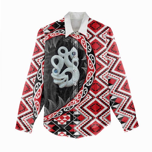 Red Taniko Motif Aotearoa Manaia and Silver Fern Women Casual Shirt
