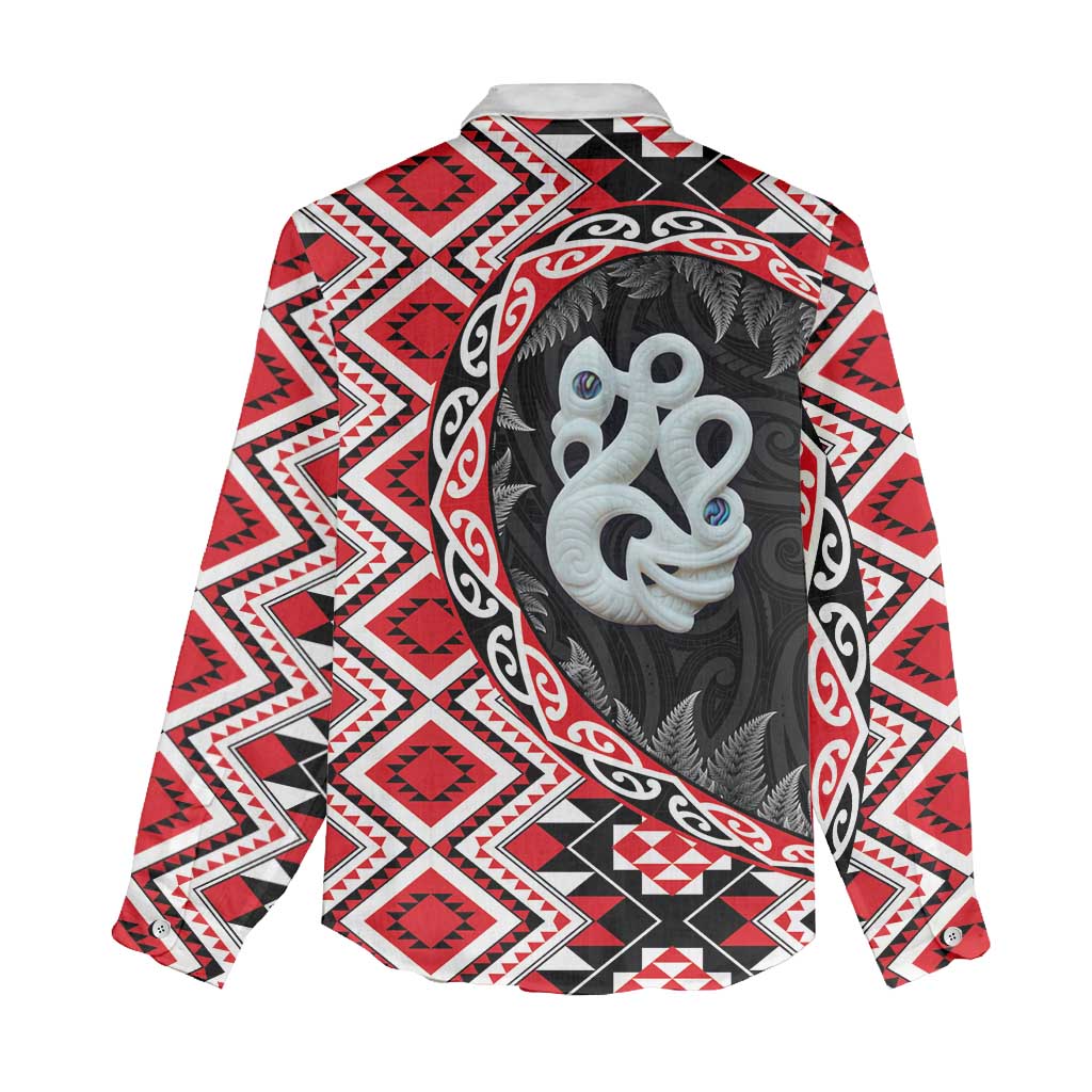Red Taniko Motif Aotearoa Manaia and Silver Fern Women Casual Shirt