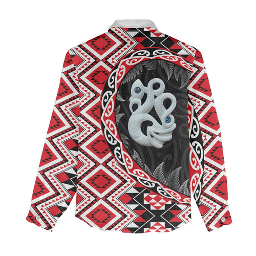Red Taniko Motif Aotearoa Manaia and Silver Fern Women Casual Shirt