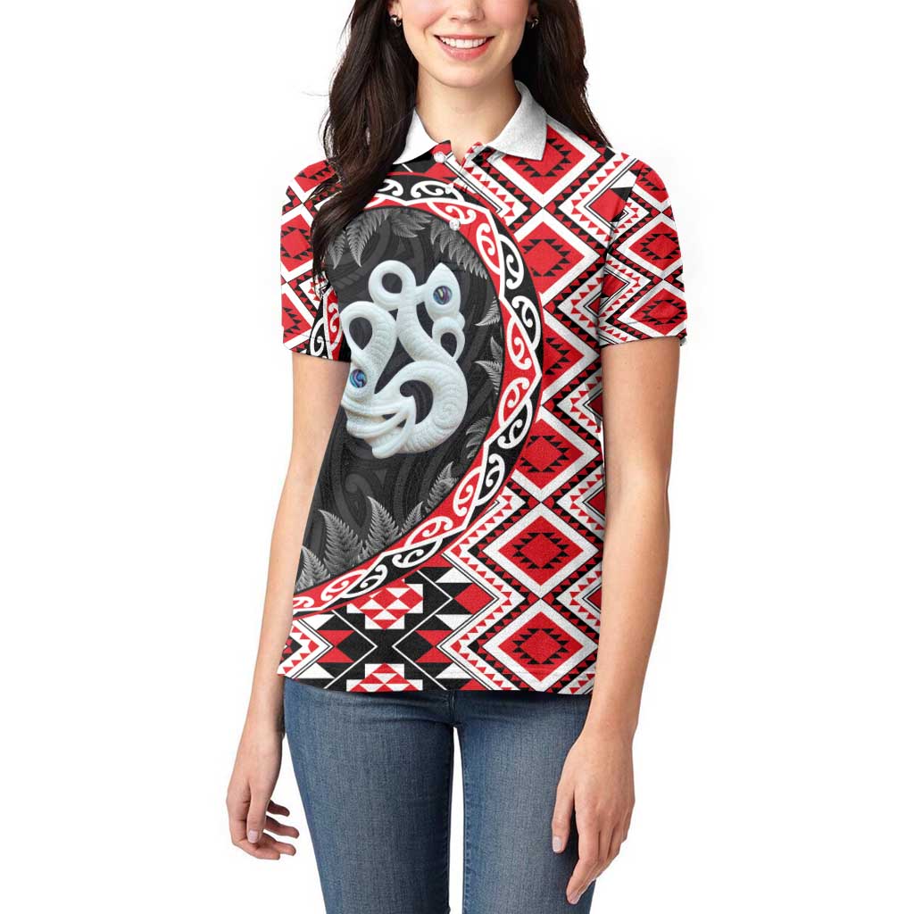 Red Taniko Motif Aotearoa Manaia and Silver Fern Women Polo Shirt