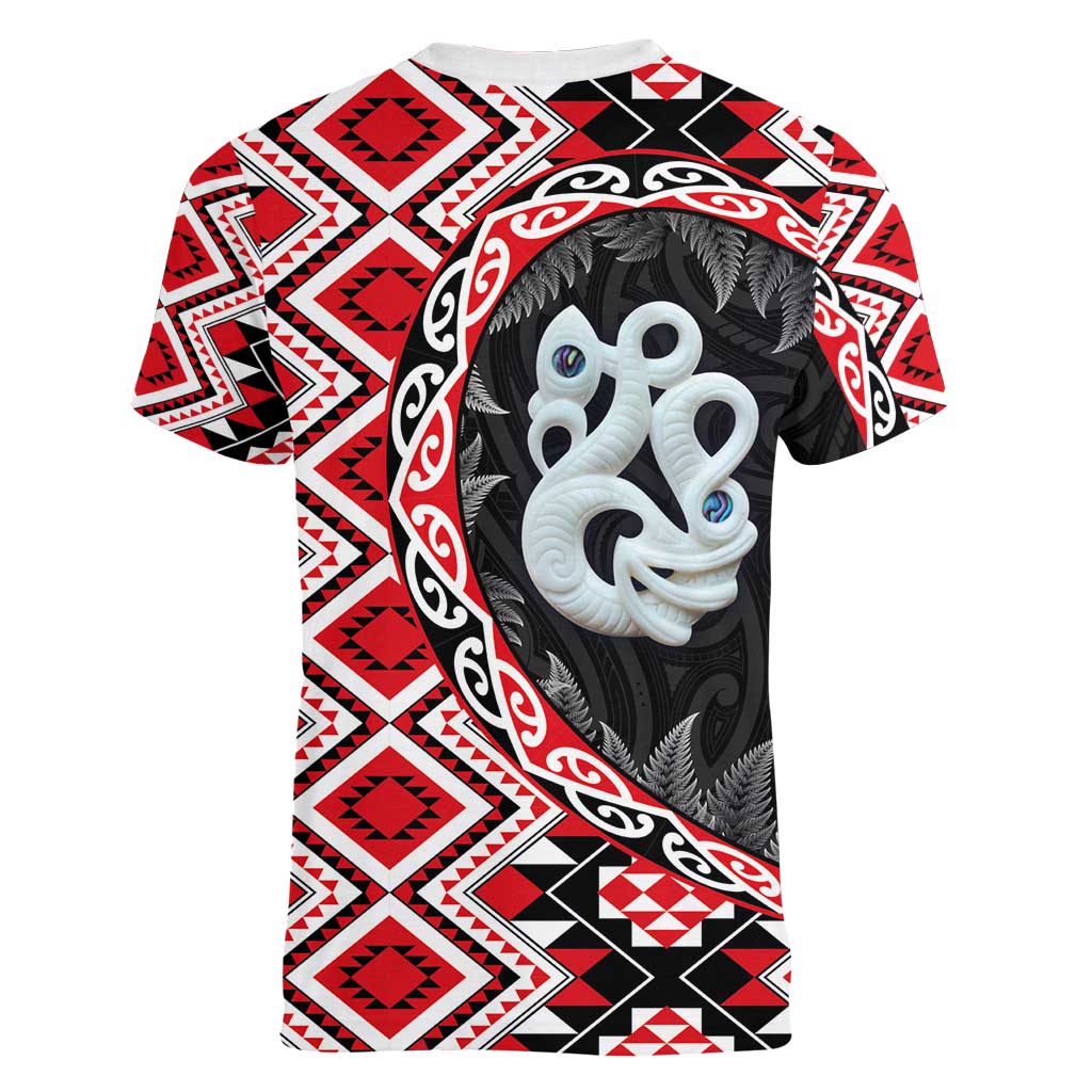 Red Taniko Motif Aotearoa Manaia and Silver Fern Women V-Neck T-Shirt