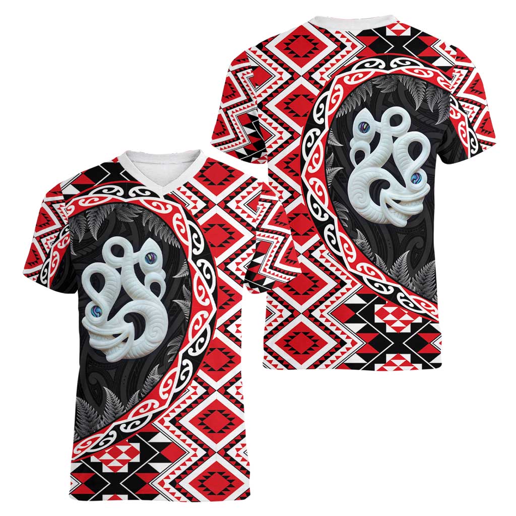 Red Taniko Motif Aotearoa Manaia and Silver Fern Women V-Neck T-Shirt