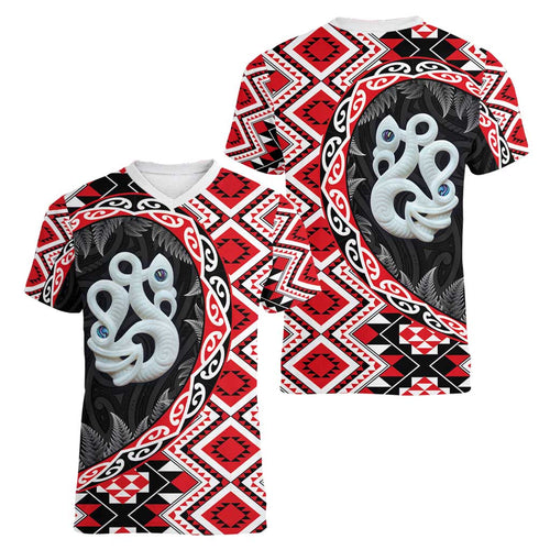 Red Taniko Motif Aotearoa Manaia and Silver Fern Women V-Neck T-Shirt