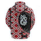 Red Taniko Motif Aotearoa Manaia and Silver Fern Zip Hoodie