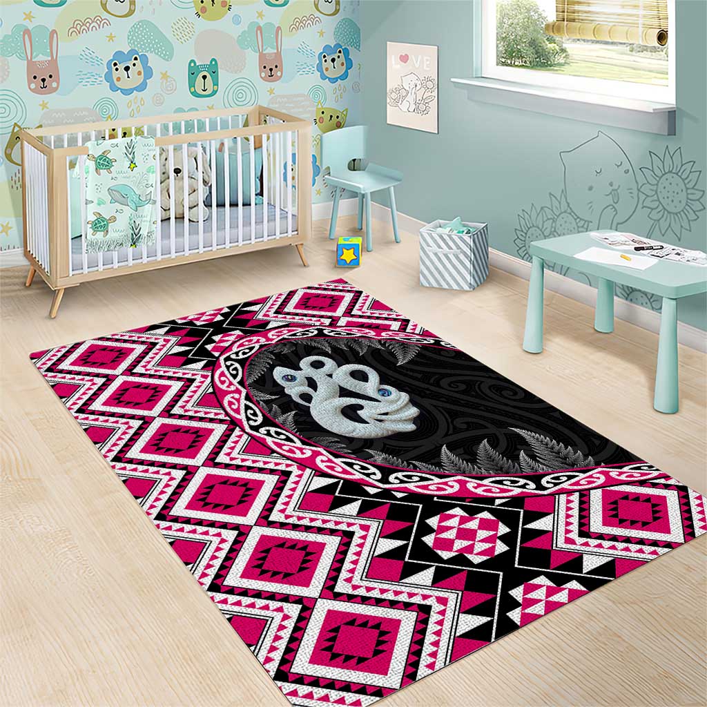 Pink Taniko Motif Aotearoa Manaia and Silver Fern Area Rug