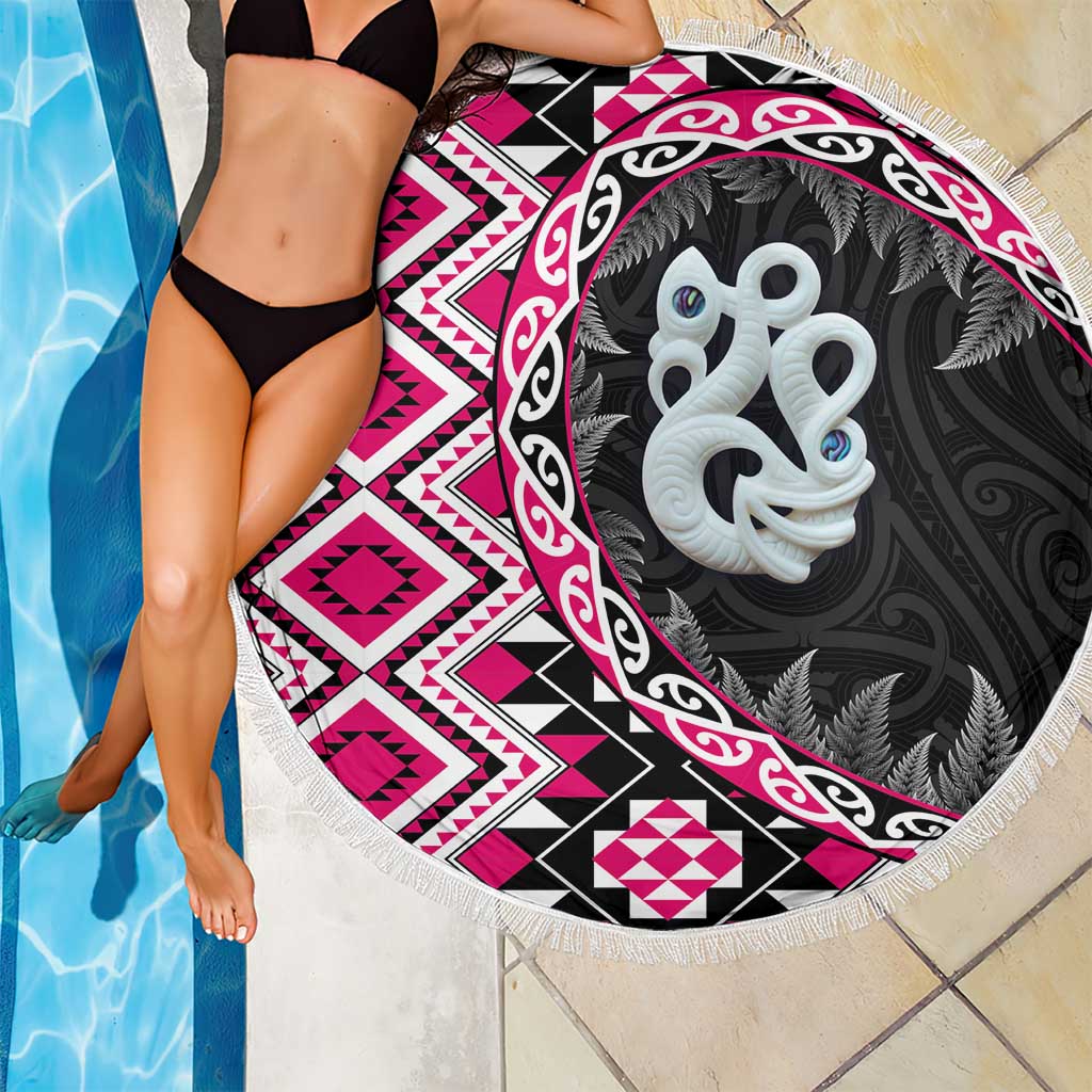 Pink Taniko Motif Aotearoa Manaia and Silver Fern Beach Blanket