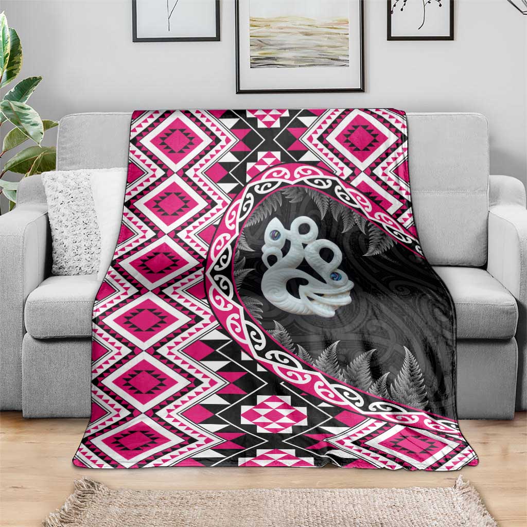 Pink Taniko Motif Aotearoa Manaia and Silver Fern Blanket