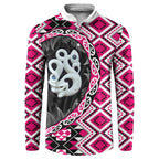 Pink Taniko Motif Aotearoa Manaia and Silver Fern Button Sweatshirt