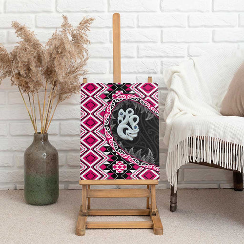 Pink Taniko Motif Aotearoa Manaia and Silver Fern Canvas Wall Art