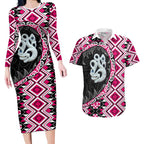 Pink Taniko Motif Aotearoa Manaia and Silver Fern Couples Matching Long Sleeve Bodycon Dress and Hawaiian Shirt