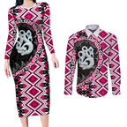 Pink Taniko Motif Aotearoa Manaia and Silver Fern Couples Matching Long Sleeve Bodycon Dress and Long Sleeve Button Shirt