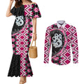 Pink Taniko Motif Aotearoa Manaia and Silver Fern Couples Matching Mermaid Dress and Long Sleeve Button Shirt