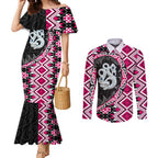 Pink Taniko Motif Aotearoa Manaia and Silver Fern Couples Matching Mermaid Dress and Long Sleeve Button Shirt