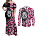 Pink Taniko Motif Aotearoa Manaia and Silver Fern Couples Matching Off Shoulder Maxi Dress and Long Sleeve Button Shirt
