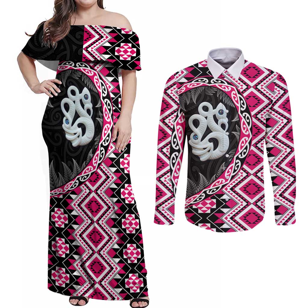 Pink Taniko Motif Aotearoa Manaia and Silver Fern Couples Matching Off Shoulder Maxi Dress and Long Sleeve Button Shirt