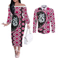 Pink Taniko Motif Aotearoa Manaia and Silver Fern Couples Matching Off The Shoulder Long Sleeve Dress and Long Sleeve Button Shirt