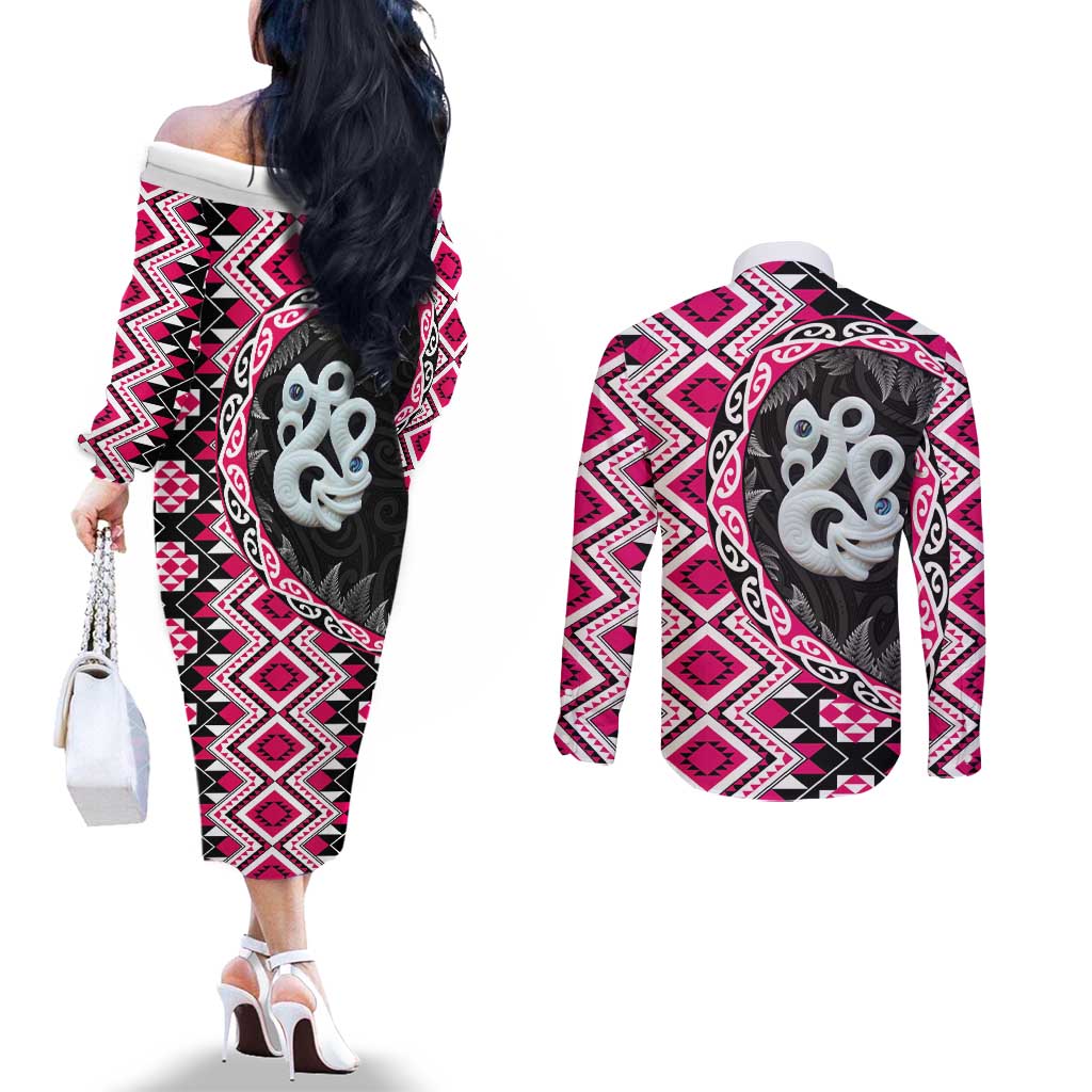Pink Taniko Motif Aotearoa Manaia and Silver Fern Couples Matching Off The Shoulder Long Sleeve Dress and Long Sleeve Button Shirt