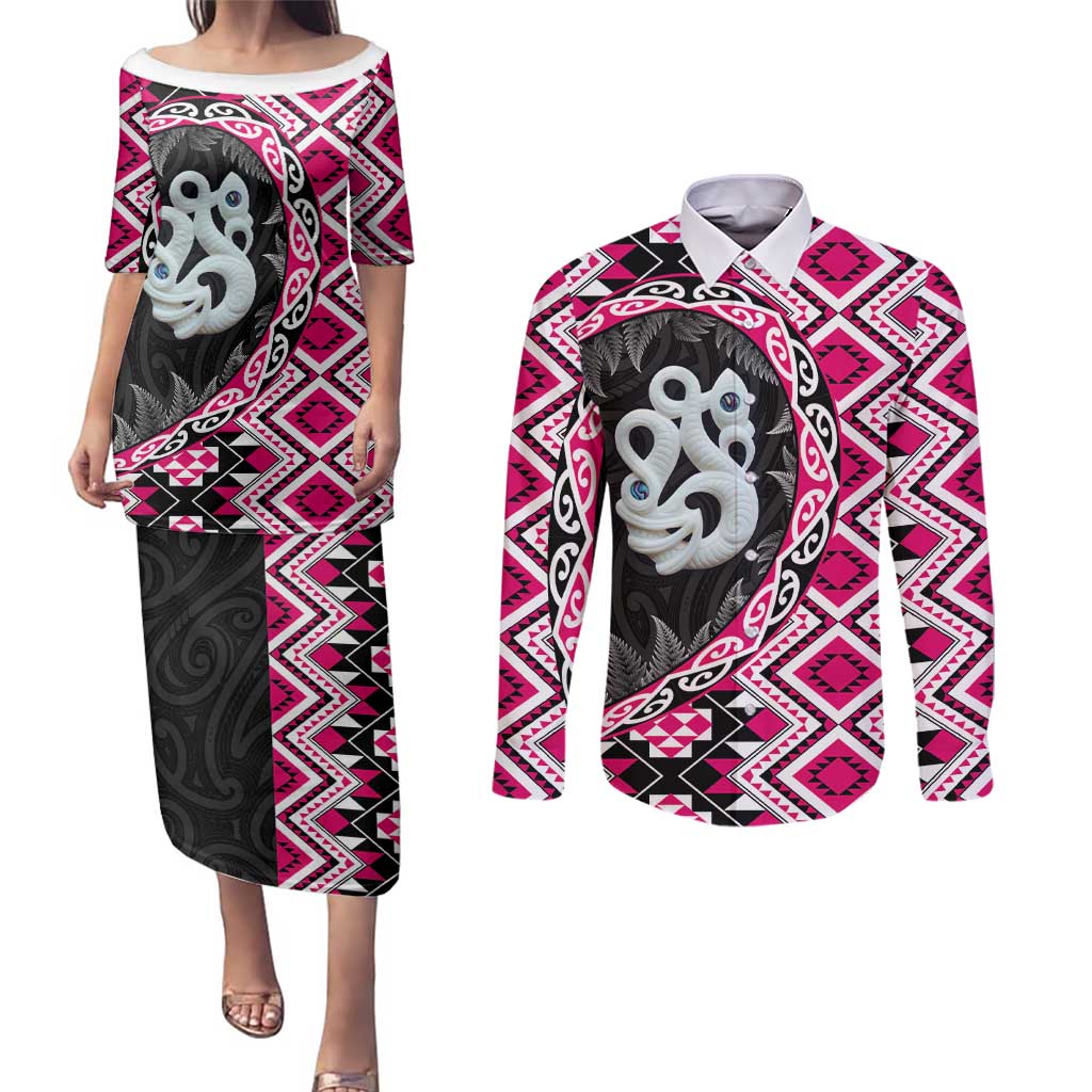 Pink Taniko Motif Aotearoa Manaia and Silver Fern Couples Matching Puletasi and Long Sleeve Button Shirt