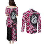 Pink Taniko Motif Aotearoa Manaia and Silver Fern Couples Matching Puletasi and Long Sleeve Button Shirt