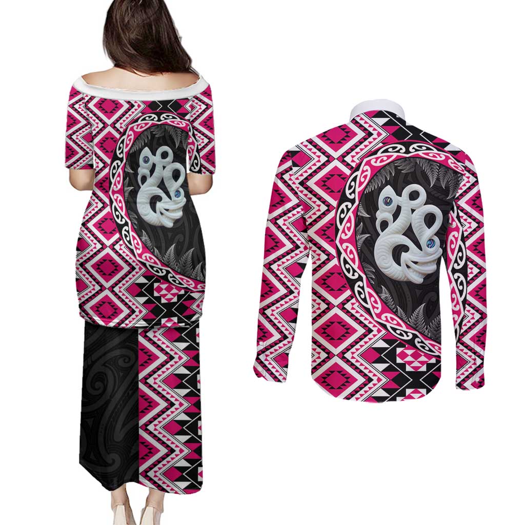 Pink Taniko Motif Aotearoa Manaia and Silver Fern Couples Matching Puletasi and Long Sleeve Button Shirt