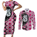 Pink Taniko Motif Aotearoa Manaia and Silver Fern Couples Matching Short Sleeve Bodycon Dress and Long Sleeve Button Shirt
