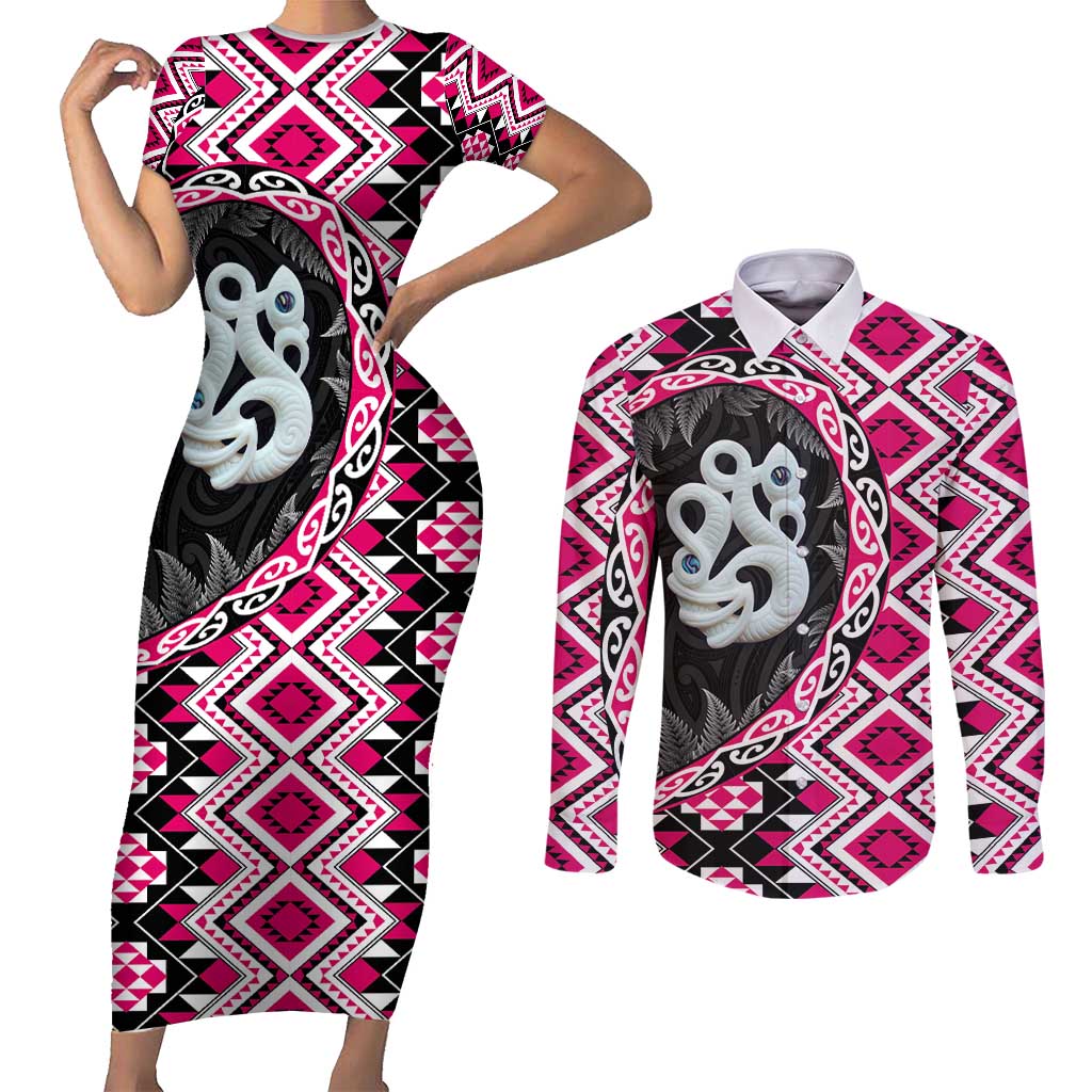 Pink Taniko Motif Aotearoa Manaia and Silver Fern Couples Matching Short Sleeve Bodycon Dress and Long Sleeve Button Shirt