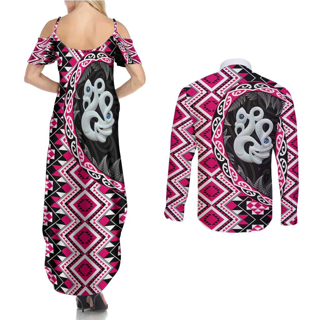 Pink Taniko Motif Aotearoa Manaia and Silver Fern Couples Matching Summer Maxi Dress and Long Sleeve Button Shirt