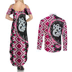 Pink Taniko Motif Aotearoa Manaia and Silver Fern Couples Matching Summer Maxi Dress and Long Sleeve Button Shirt