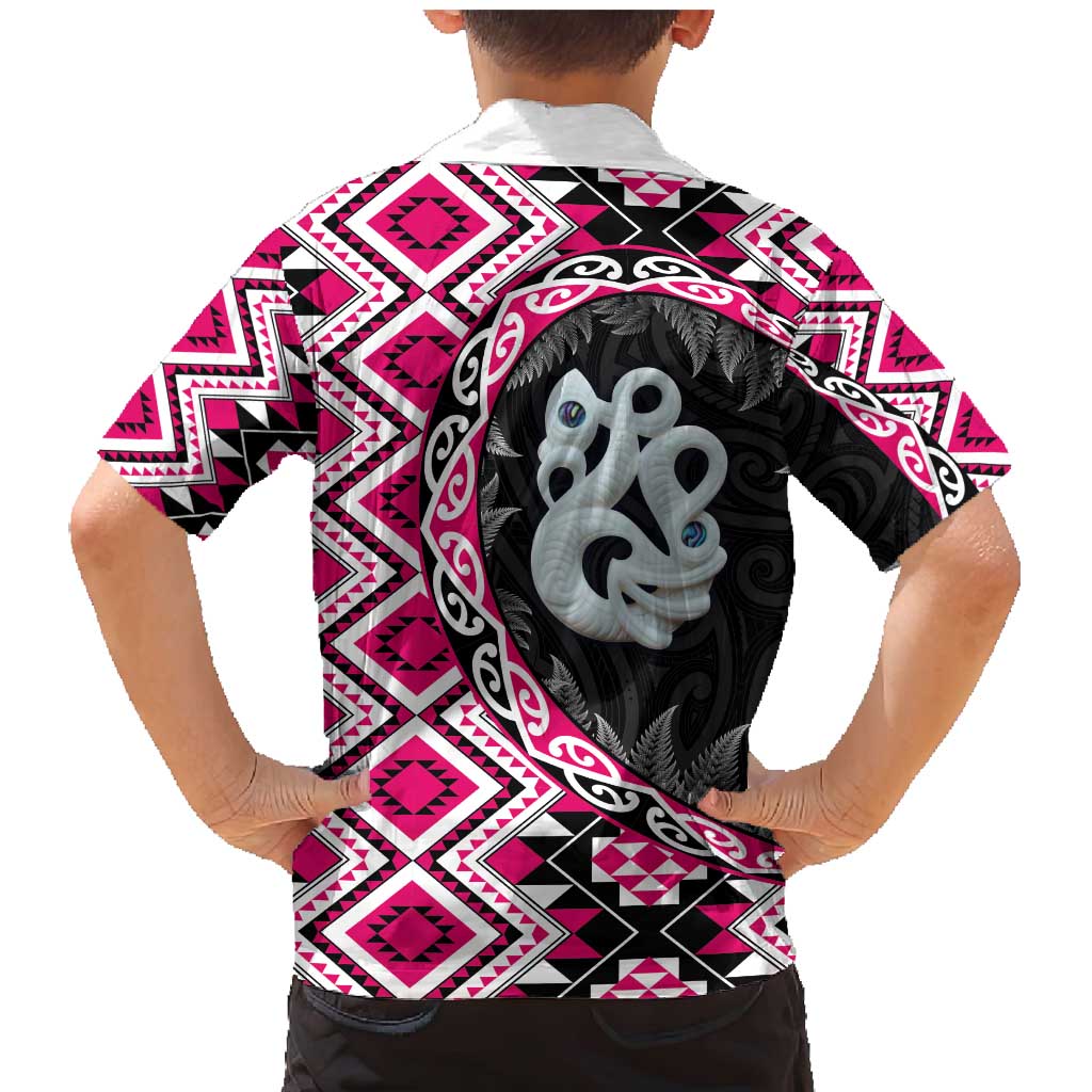 Pink Taniko Motif Aotearoa Manaia and Silver Fern Family Matching Mermaid Dress and Hawaiian Shirt