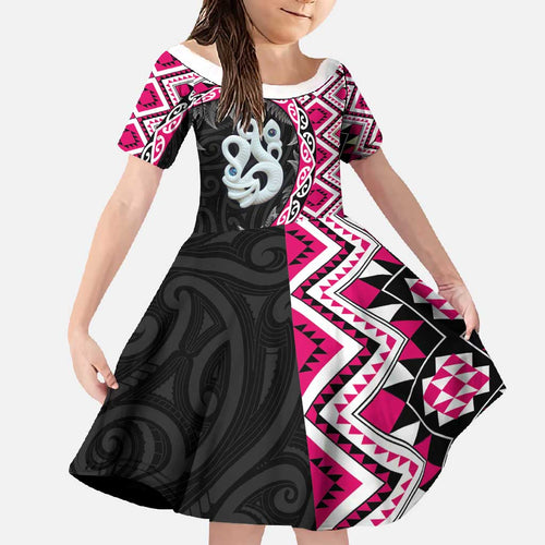 Pink Taniko Motif Aotearoa Manaia and Silver Fern Family Matching Mermaid Dress and Hawaiian Shirt