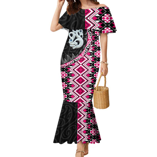 Pink Taniko Motif Aotearoa Manaia and Silver Fern Family Matching Mermaid Dress and Hawaiian Shirt