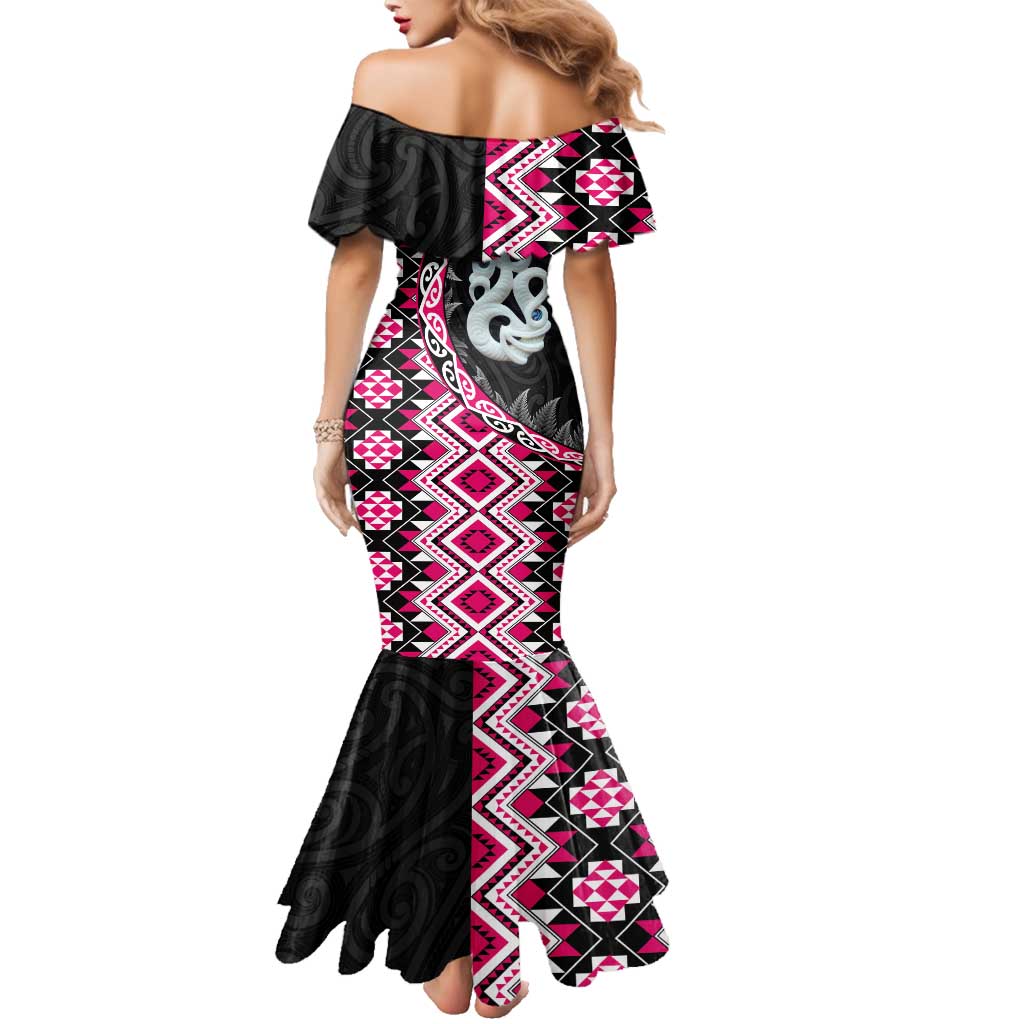 Pink Taniko Motif Aotearoa Manaia and Silver Fern Family Matching Mermaid Dress and Hawaiian Shirt