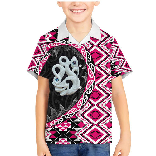 Pink Taniko Motif Aotearoa Manaia and Silver Fern Family Matching Mermaid Dress and Hawaiian Shirt