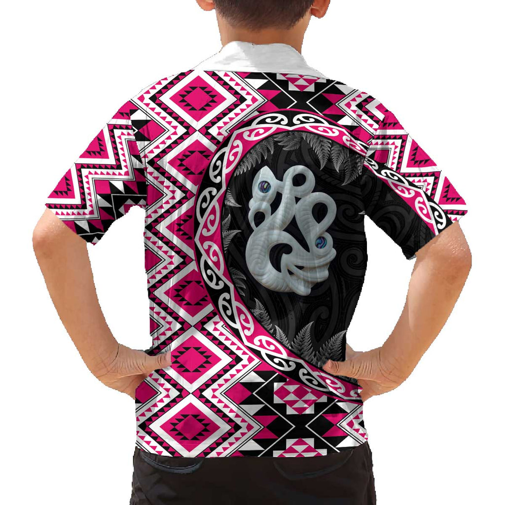 Pink Taniko Motif Aotearoa Manaia and Silver Fern Family Matching Off The Shoulder Long Sleeve Dress and Hawaiian Shirt