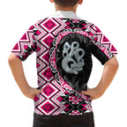 Pink Taniko Motif Aotearoa Manaia and Silver Fern Family Matching Off The Shoulder Long Sleeve Dress and Hawaiian Shirt