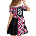 Pink Taniko Motif Aotearoa Manaia and Silver Fern Family Matching Off The Shoulder Long Sleeve Dress and Hawaiian Shirt