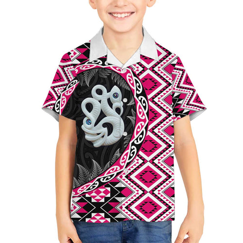 Pink Taniko Motif Aotearoa Manaia and Silver Fern Family Matching Off The Shoulder Long Sleeve Dress and Hawaiian Shirt