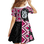 Pink Taniko Motif Aotearoa Manaia and Silver Fern Family Matching Off Shoulder Maxi Dress and Hawaiian Shirt