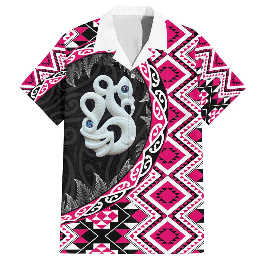 Pink Taniko Motif Aotearoa Manaia and Silver Fern Family Matching Off Shoulder Maxi Dress and Hawaiian Shirt