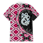 Pink Taniko Motif Aotearoa Manaia and Silver Fern Family Matching Off Shoulder Maxi Dress and Hawaiian Shirt