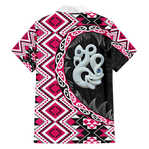 Pink Taniko Motif Aotearoa Manaia and Silver Fern Family Matching Off Shoulder Maxi Dress and Hawaiian Shirt
