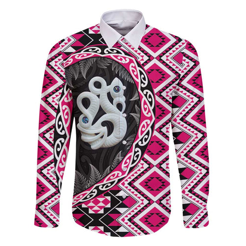 Pink Taniko Motif Aotearoa Manaia and Silver Fern Family Matching Off Shoulder Short Dress and Hawaiian Shirt