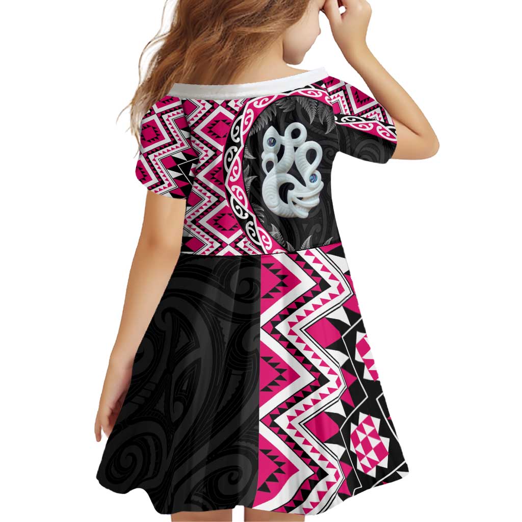 Pink Taniko Motif Aotearoa Manaia and Silver Fern Family Matching Puletasi and Hawaiian Shirt