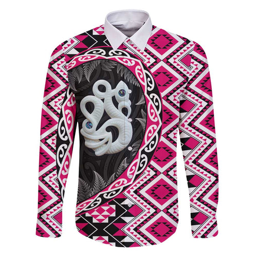Pink Taniko Motif Aotearoa Manaia and Silver Fern Family Matching Puletasi and Hawaiian Shirt